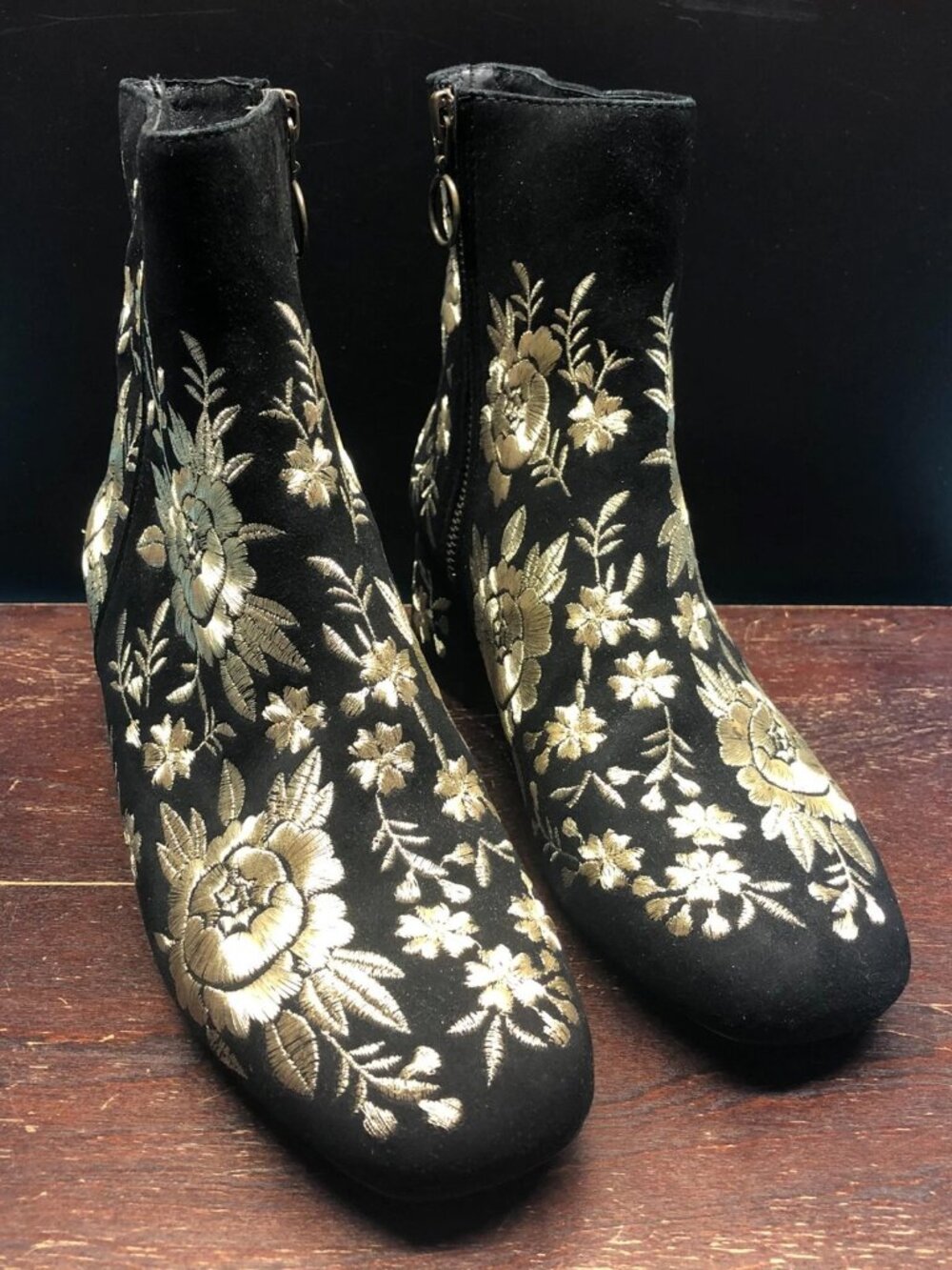 Johnny Was Black Gold Embroidered Booties Suede Ankle Boots Size 6.5 to 7 (UK37)